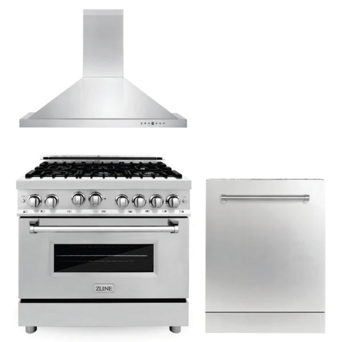 ZLINE 30" & 36" Kitchen Packages with Stainless Steel Gas Range, Convertible Vent Range Hood, and Dishwasher