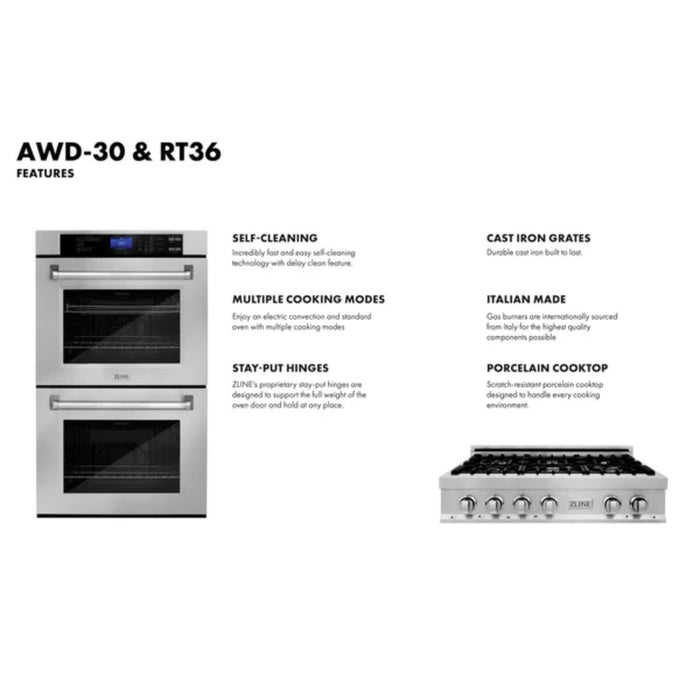 ZLINE 2-Piece Kitchen Packages – 30", 36", and 48" Gas Rangetop with 30" Double Wall Oven