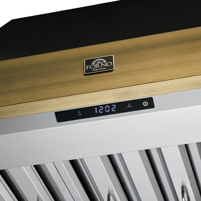 Forno Vittorio 36-Inch Wall Mount Range Hood, Black with Antique Brass Trim, 424 CFM Airflow, Dishwasher-Safe Baffle Filters, Remote Control, 3-Speed Fan, Bright LED Lighting.