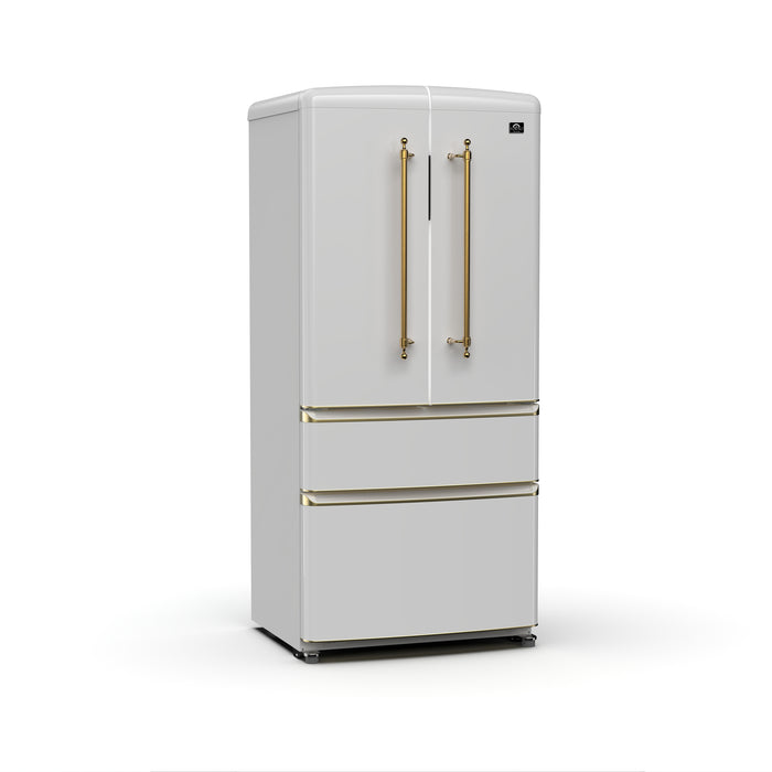 Forno Luigi 33-Inch French Door Refrigerator, 18 cu.ft, White Finish, Antique Brass Handles, ENERGY STAR Certified