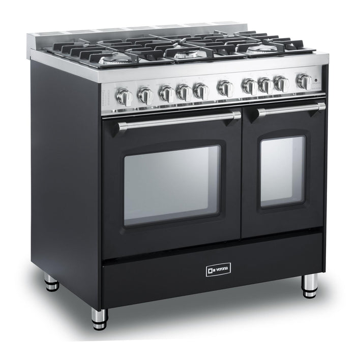 Verona Prestige 36-Inch Freestanding Matte Black Gas Range Double Oven With 5 Burners, 3.9 Cu. Ft. Total Capacity Convection Oven and Italian Design