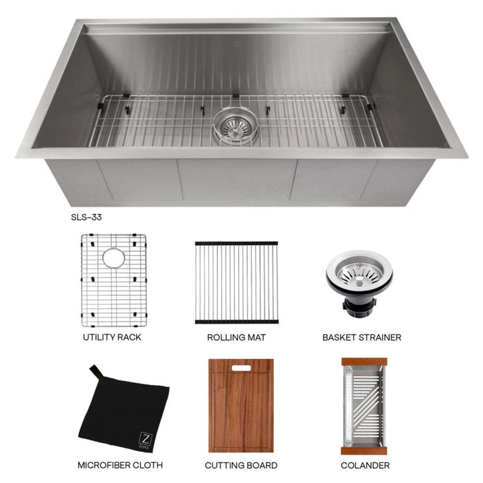 ZLINE 33" Garmisch Undermount Single Bowl Stainless Steel Kitchen Sink with Bottom Grid and Accessories (