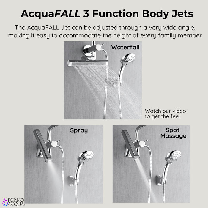 Forno Acqua AcquaFALL Mini Shower Head, Polished Stainless Steel Finish, Overhead Rainfall Shower, 7 Way Diverter, Handheld Shower Head, Body Jets, 2.5 GPM Flow Rate