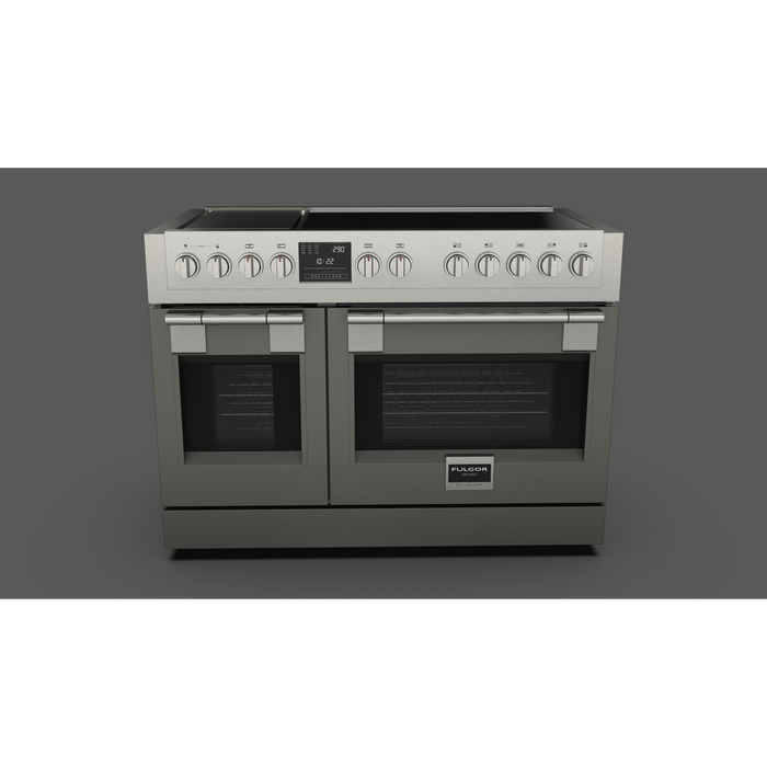 Fulgor Milano Sofia Pro 48-Inch Freestanding Induction Range, 600 Series, 5 Quantum Induction Burners, 2-Zone Quantum Induction Trilaminate Griddle, 30-Inch Primary Oven, 18-Inch Companion Oven, Self-Clean, Soft-Close Door