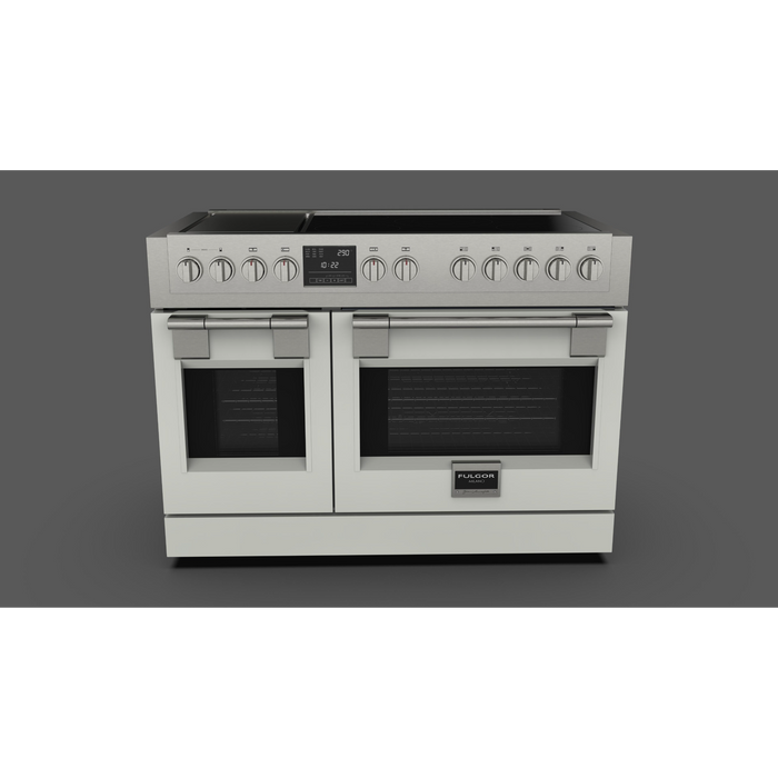Fulgor Milano Sofia Pro 48-Inch Freestanding Induction Range, 600 Series, 5 Quantum Induction Burners, 2-Zone Quantum Induction Trilaminate Griddle, 30-Inch Primary Oven, 18-Inch Companion Oven, Self-Clean, Soft-Close Door