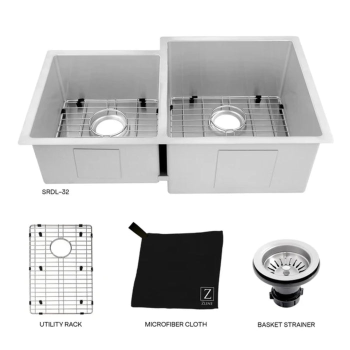 ZLINE SRDR-32 32 Inch Jackson Undermount Double Bowl Satin Stainless Steel Kitchen Sink with Bottom Grid