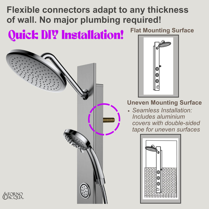 Forno Acqua AcquaSPA Shower Panel in Stainless Steel, Overhead Rainfall Shower, Handheld Shower Head, Body Jets, 6 Way Diverter, 2.5 GPM Flow Rate