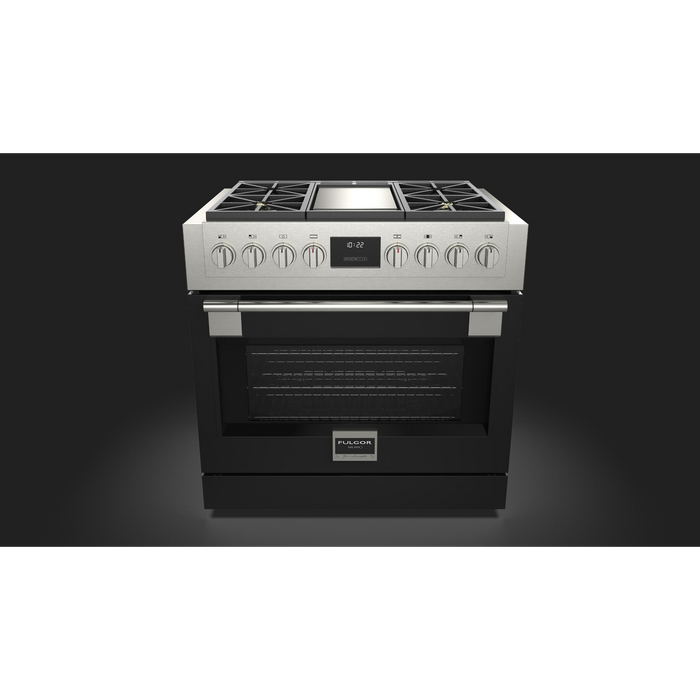 Fulgor Milano Sofia Pro 36-Inch Freestanding All-Gas Range, 600 Series, 4 Crescendo Dual Ring Brass Burners, Gas-Powered Trilaminate Griddle, Soft-Close Door