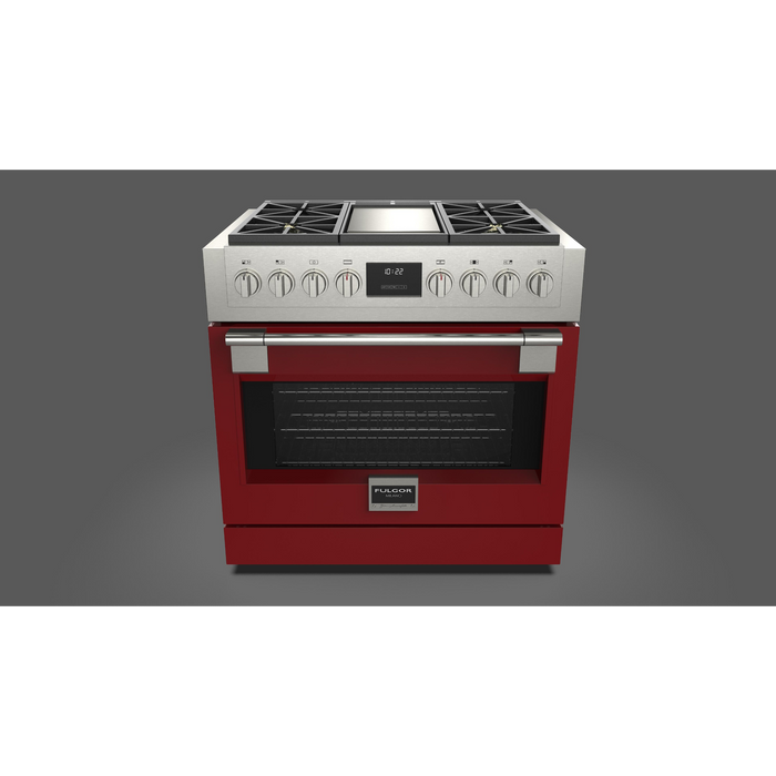 Fulgor Milano Sofia Pro 36-Inch Freestanding All-Gas Range, 600 Series, 4 Crescendo Dual Ring Brass Burners, Gas-Powered Trilaminate Griddle, Soft-Close Door
