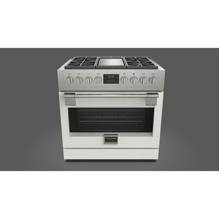 Fulgor Milano Sofia Pro 36-Inch Freestanding All-Gas Range, 600 Series, 4 Crescendo Dual Ring Brass Burners, Gas-Powered Trilaminate Griddle, Soft-Close Door