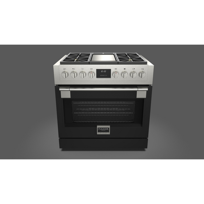 Fulgor Milano Sofia Pro 36-Inch Freestanding All-Gas Range, 600 Series, 4 Crescendo Dual Ring Brass Burners, Gas-Powered Trilaminate Griddle, Soft-Close Door