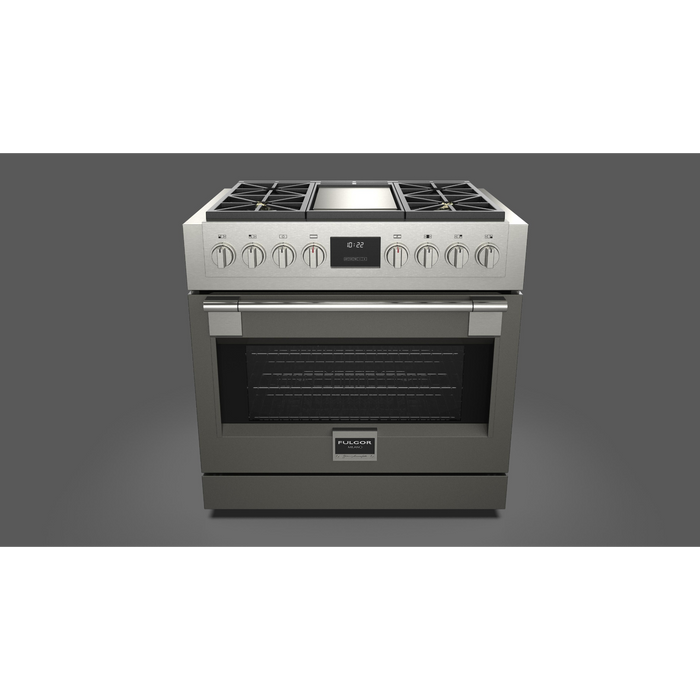 Fulgor Milano Sofia Pro 36-Inch Freestanding All-Gas Range, 600 Series, 4 Crescendo Dual Ring Brass Burners, Gas-Powered Trilaminate Griddle, Soft-Close Door