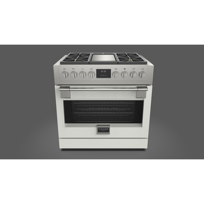 Fulgor Milano Sofia Pro 36-Inch Freestanding All-Gas Range, 600 Series, 4 Crescendo Dual Ring Brass Burners, Gas-Powered Trilaminate Griddle, Soft-Close Door