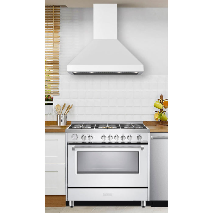 Verona 36-Inch Designer Series White Chimney Wall Mount Range Hood with 600 CFM, 4 Speed Fan and LED Lighting