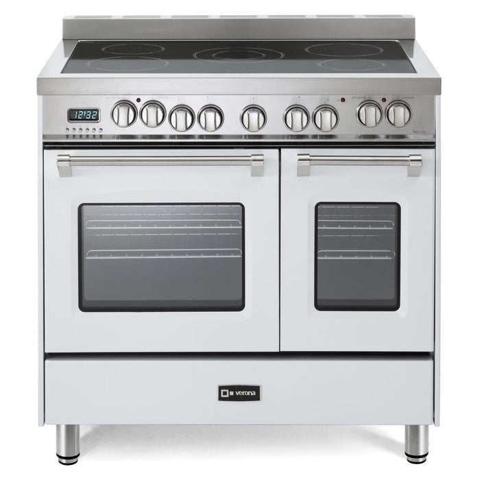 Verona Prestige 36-Inch Freestanding White Electric Double Oven Range With 5 Burners, 3.9 Cu. Ft. Total Capacity Convection Oven Sleek Glass Top and Precision Cooking