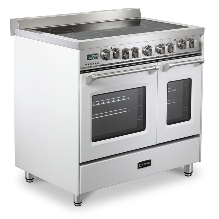 Verona Prestige 36-Inch Freestanding White Electric Double Oven Range With 5 Burners, 3.9 Cu. Ft. Total Capacity Convection Oven Sleek Glass Top and Precision Cooking