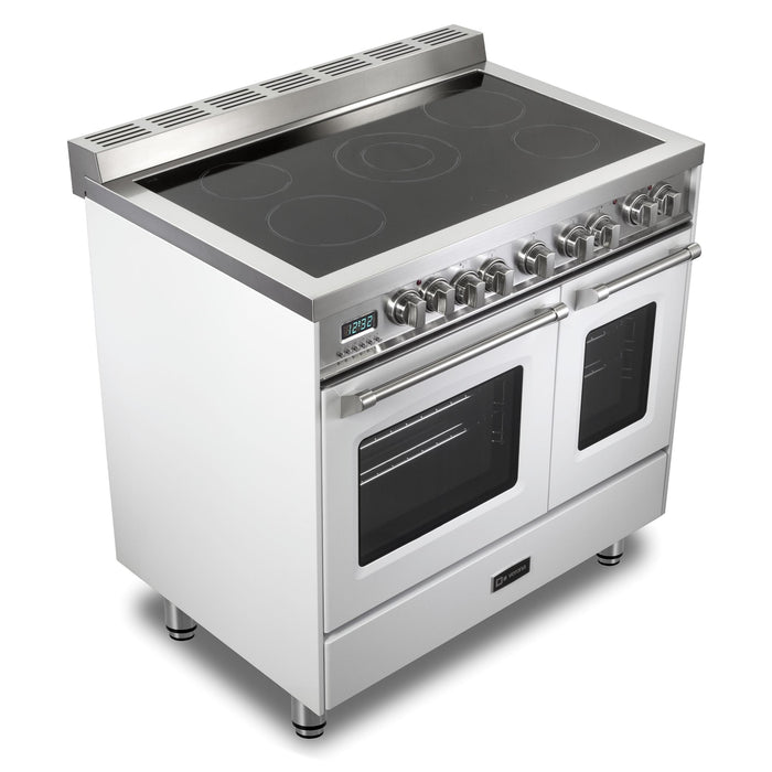 Verona Prestige 36-Inch Freestanding White Electric Double Oven Range With 5 Burners, 3.9 Cu. Ft. Total Capacity Convection Oven Sleek Glass Top and Precision Cooking