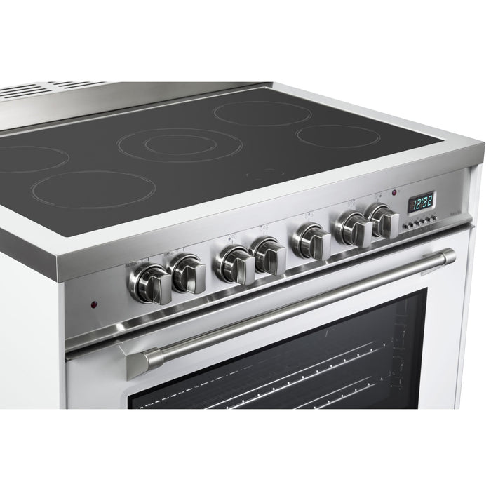 Verona Prestige 36-Inch Freestanding White Electric Range With 5 Burners, 4.0 Cu. Ft. Convection Oven Sleek Glass Cooktop And High Power Burners