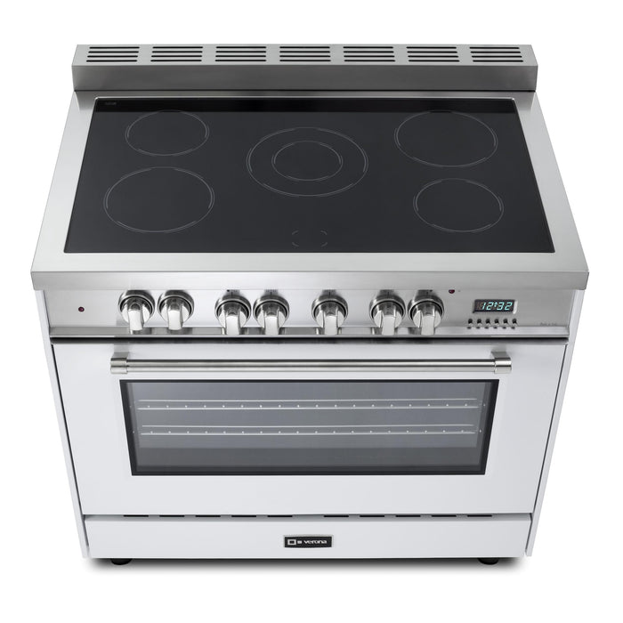 Verona Prestige 36-Inch Freestanding White Electric Range With 5 Burners, 4.0 Cu. Ft. Convection Oven Sleek Glass Cooktop And High Power Burners