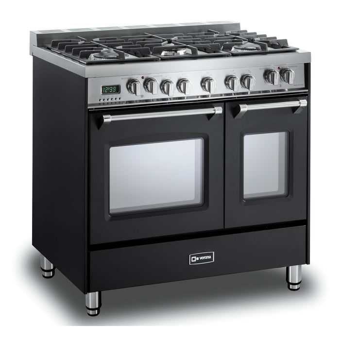 Verona Prestige 36-Inch Freestanding Matte Black Dual Fuel Double Oven Range With 5 Burners, 3.9 Cu. Ft. Total Capacity Convection Oven And Sleek Design