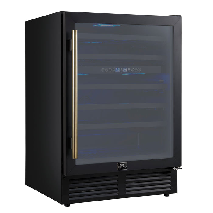 Forno Bacchino 24 Inch Wine Cooler, Black with Antique Brass Handles, with LED Lighting, Triple Glass Door, 51 Bottle Capacity, Built-In or Freestanding