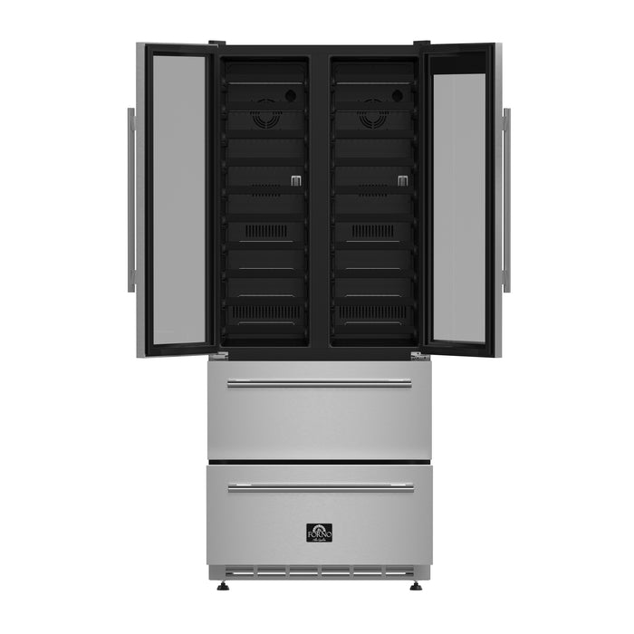 Forno Campania 32-Inch Wine Cooler, Stainless Steel, Dual Wine Zones, Two Beverage Drawers, 17.7 cu.ft