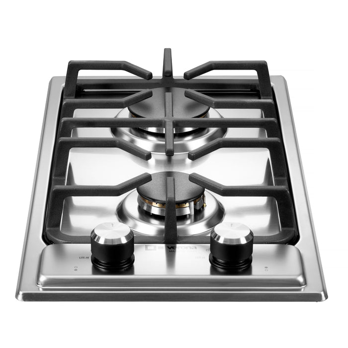 Verona 12-Inch Designer Series Stainless Steel Gas Cooktop with 2 Brass Burners, Continuous Grates, Electronic Ignition and Flame Failure Safety Device