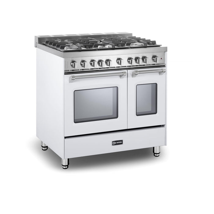 Verona Prestige 36-Inch Freestanding White Gas Range Double Oven With 5 Burners, 3.9 Cu. Ft. Total Capacity Convection Oven and Italian Craftsmanship