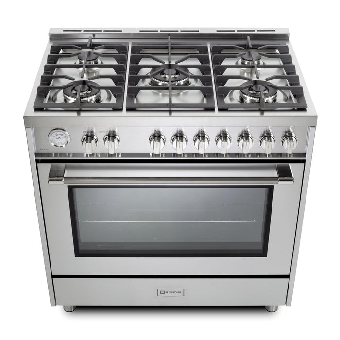 Verona Prima 36-Inch Freestanding Stainless Steel Gas Range With 5 Burners, 5.0 Cu. Ft. Convection Oven and Professional Performance