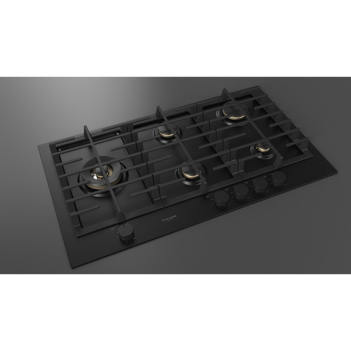 Fulgor Milano 36-Inch Matteo Built-In Gas Cooktop, 400 Series, 5 Brass Burners, 4 Sealed Burners, Powerful Dual Wok Burner on Left Side, Black Matte Porcelain Finish