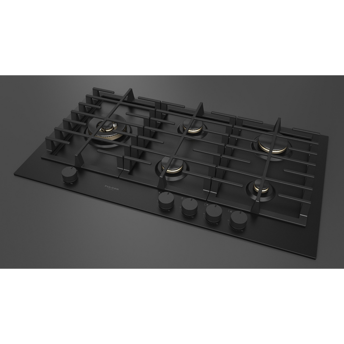 Fulgor Milano 36-Inch Matteo Built-In Gas Cooktop, 400 Series, 5 Brass Burners, 4 Sealed Burners, Powerful Dual Wok Burner on Left Side, Black Matte Porcelain Finish
