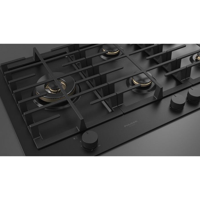 Fulgor Milano 36-Inch Matteo Built-In Gas Cooktop, 400 Series, 5 Brass Burners, 4 Sealed Burners, Powerful Dual Wok Burner on Left Side, Black Matte Porcelain Finish
