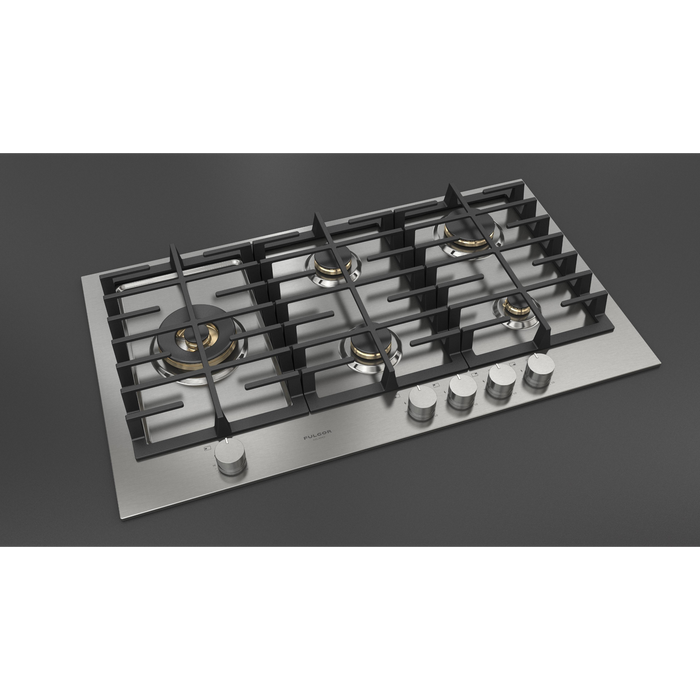 Fulgor Milano 36-Inch Matteo Built-In Gas Cooktop, 400 Series, 5 Brass Burners, 4 Sealed Burners, Powerful Dual Wok Burner on Left Side, Stainless Steel Finish