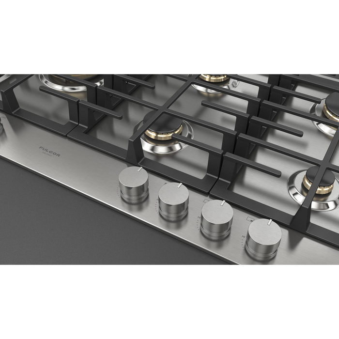 Fulgor Milano 36-Inch Matteo Built-In Gas Cooktop, 400 Series, 5 Brass Burners, 4 Sealed Burners, Powerful Dual Wok Burner on Left Side, Stainless Steel Finish