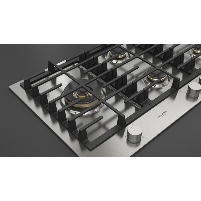 Fulgor Milano 36-Inch Matteo Built-In Gas Cooktop, 400 Series, 5 Brass Burners, 4 Sealed Burners, Powerful Dual Wok Burner on Left Side, Stainless Steel Finish
