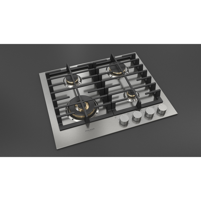 Fulgor Milano 24-Inch Matteo Built-In Gas Cooktop, 400 Series, 4 Brass Burners, 3 Sealed Burners, Powerful Dual Ring Wok Burner, Stainless Steel Finish
