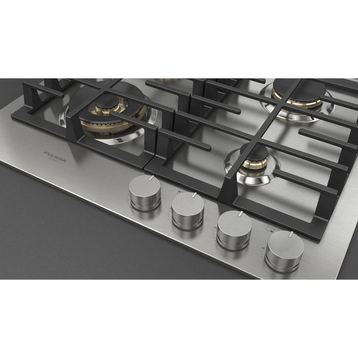 Fulgor Milano 24-Inch Matteo Built-In Gas Cooktop, 400 Series, 4 Brass Burners, 3 Sealed Burners, Powerful Dual Ring Wok Burner, Stainless Steel Finish