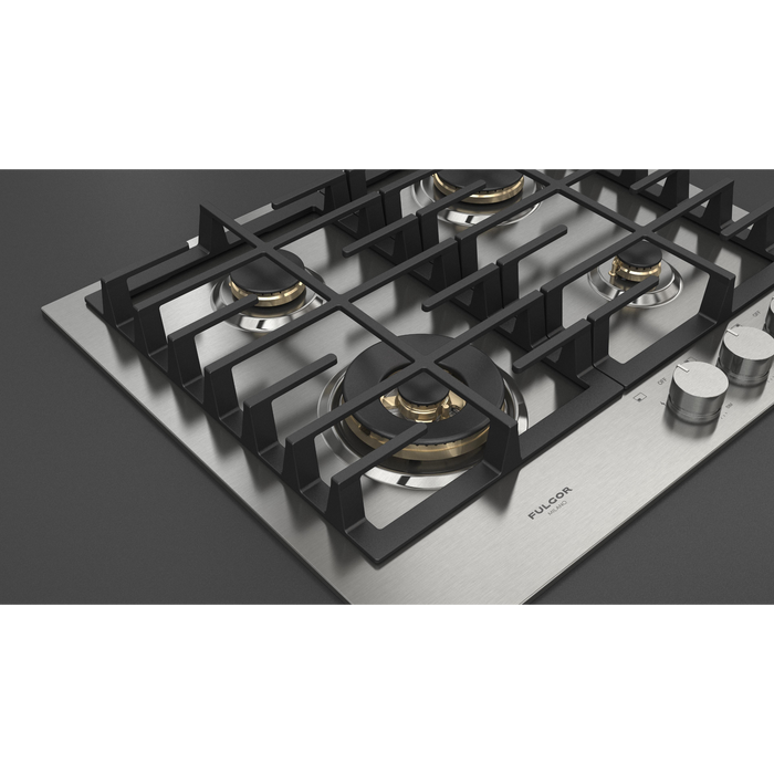 Fulgor Milano 24-Inch Matteo Built-In Gas Cooktop, 400 Series, 4 Brass Burners, 3 Sealed Burners, Powerful Dual Ring Wok Burner, Stainless Steel Finish