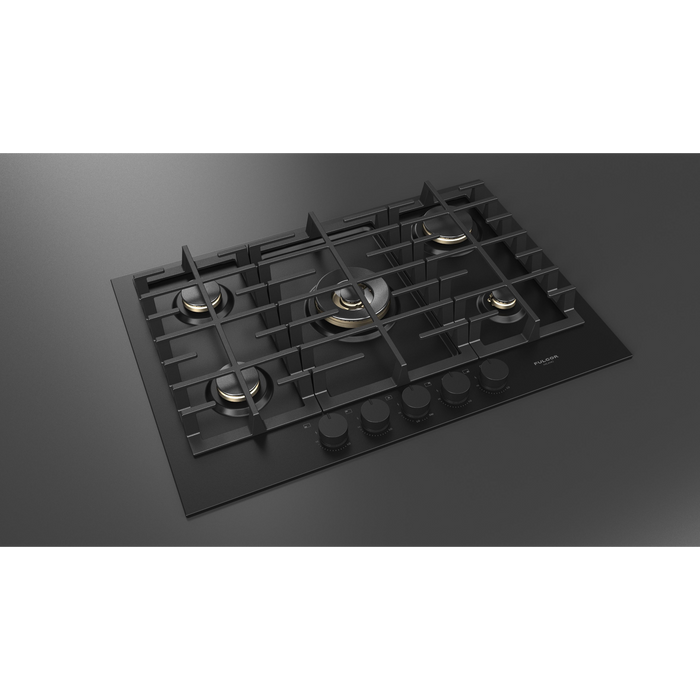 Fulgor Milano 30-Inch Matteo Built-In Gas Cooktop, 400 Series, 5 Brass Burners, 4 Sealed Burners, Powerful Central Dual Ring Wok Burner, Black Matte Porcelain Finish