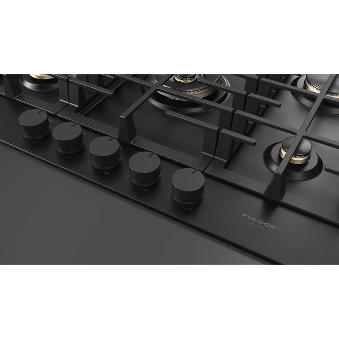 Fulgor Milano 30-Inch Matteo Built-In Gas Cooktop, 400 Series, 5 Brass Burners, 4 Sealed Burners, Powerful Central Dual Ring Wok Burner, Black Matte Porcelain Finish