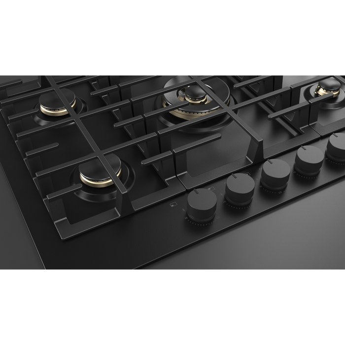 Fulgor Milano 30-Inch Matteo Built-In Gas Cooktop, 400 Series, 5 Brass Burners, 4 Sealed Burners, Powerful Central Dual Ring Wok Burner, Black Matte Porcelain Finish