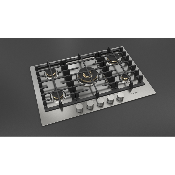 Fulgor Milano 30-Inch Matteo Built-In Gas Cooktop, 400 Series, 5 Brass Burners, 4 Sealed Burners, Powerful Central Dual Ring Wok Burner, Stainless Steel Finish