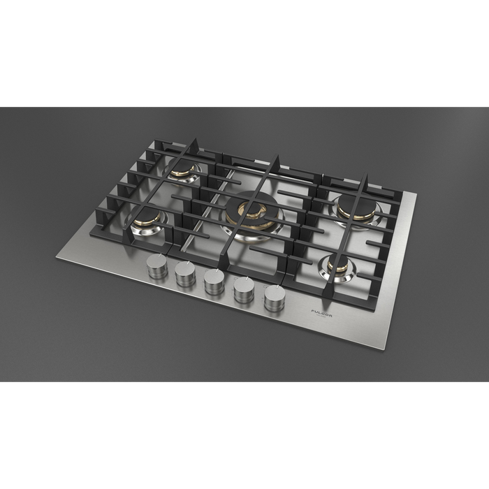 Fulgor Milano 30-Inch Matteo Built-In Gas Cooktop, 400 Series, 5 Brass Burners, 4 Sealed Burners, Powerful Central Dual Ring Wok Burner, Stainless Steel Finish