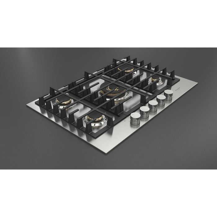 Fulgor Milano 30-Inch Matteo Built-In Gas Cooktop, 400 Series, 5 Brass Burners, 4 Sealed Burners, Powerful Central Dual Ring Wok Burner, Stainless Steel Finish