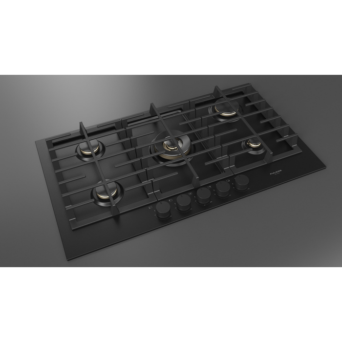 Fulgor Milano 36-Inch Matteo Built-In Gas Cooktop, 400 Series, 5 Brass Burners, 4 Sealed Burners, Powerful Central Dual Ring Wok Burner, Black Matte Porcelain Finish