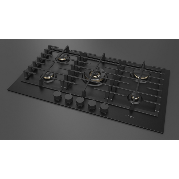 Fulgor Milano 36-Inch Matteo Built-In Gas Cooktop, 400 Series, 5 Brass Burners, 4 Sealed Burners, Powerful Central Dual Ring Wok Burner, Black Matte Porcelain Finish