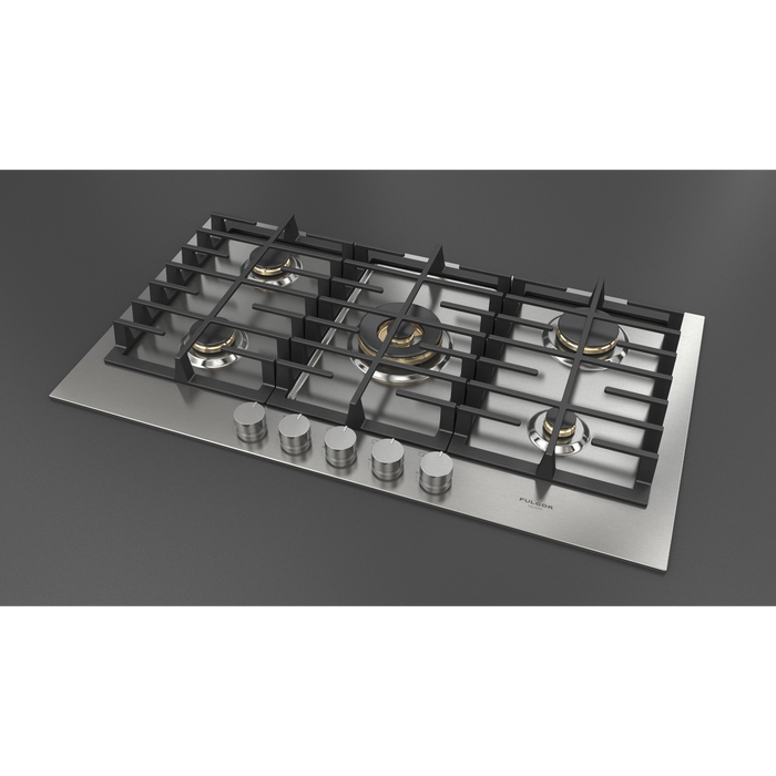 Fulgor Milano 36-Inch Matteo Built-In Gas Cooktop, 400 Series, 5 Brass Burners, 4 Sealed Burners, Powerful Central Dual Ring Wok Burner, Stainless Steel Finish