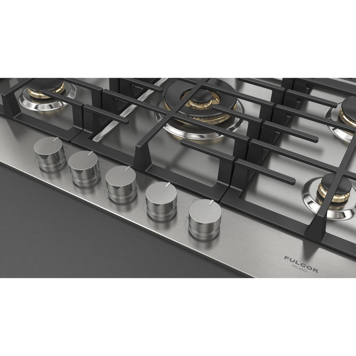 Fulgor Milano 36-Inch Matteo Built-In Gas Cooktop, 400 Series, 5 Brass Burners, 4 Sealed Burners, Powerful Central Dual Ring Wok Burner, Stainless Steel Finish