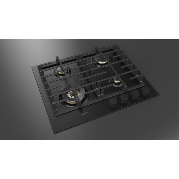 Fulgor Milano 24-Inch Matteo Built-In Gas Cooktop, 400 Series, 4 Brass Burners, 3 Sealed Burners, Powerful Dual Ring Wok Burner, Black Matte Porcelain Finish