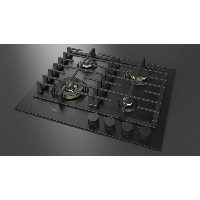 Fulgor Milano 24-Inch Matteo Built-In Gas Cooktop, 400 Series, 4 Brass Burners, 3 Sealed Burners, Powerful Dual Ring Wok Burner, Black Matte Porcelain Finish
